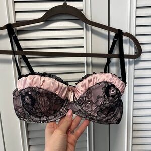 Jezebel Pink Satin and Black Lace Ruffled Balconette Bra